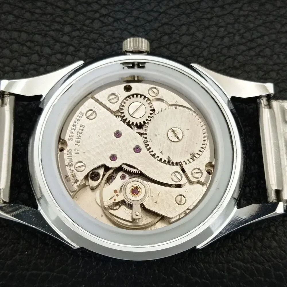 Vintage 1975 Fortis Manual Mens Silver Watch W/Steel Strap & Green accents